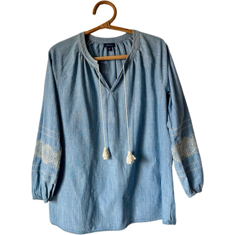 J. Jill Chambray Embroidered 100% Cotton Denim Peasant Tunic Top Tassel Boho M - Picture 2 of 6